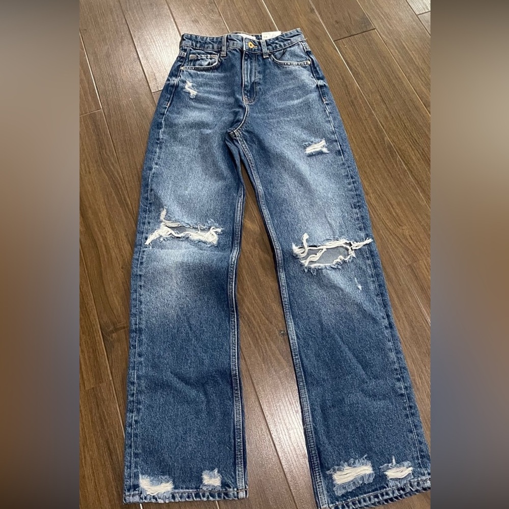 Zara Distressed Wide-Leg Blue Jeans